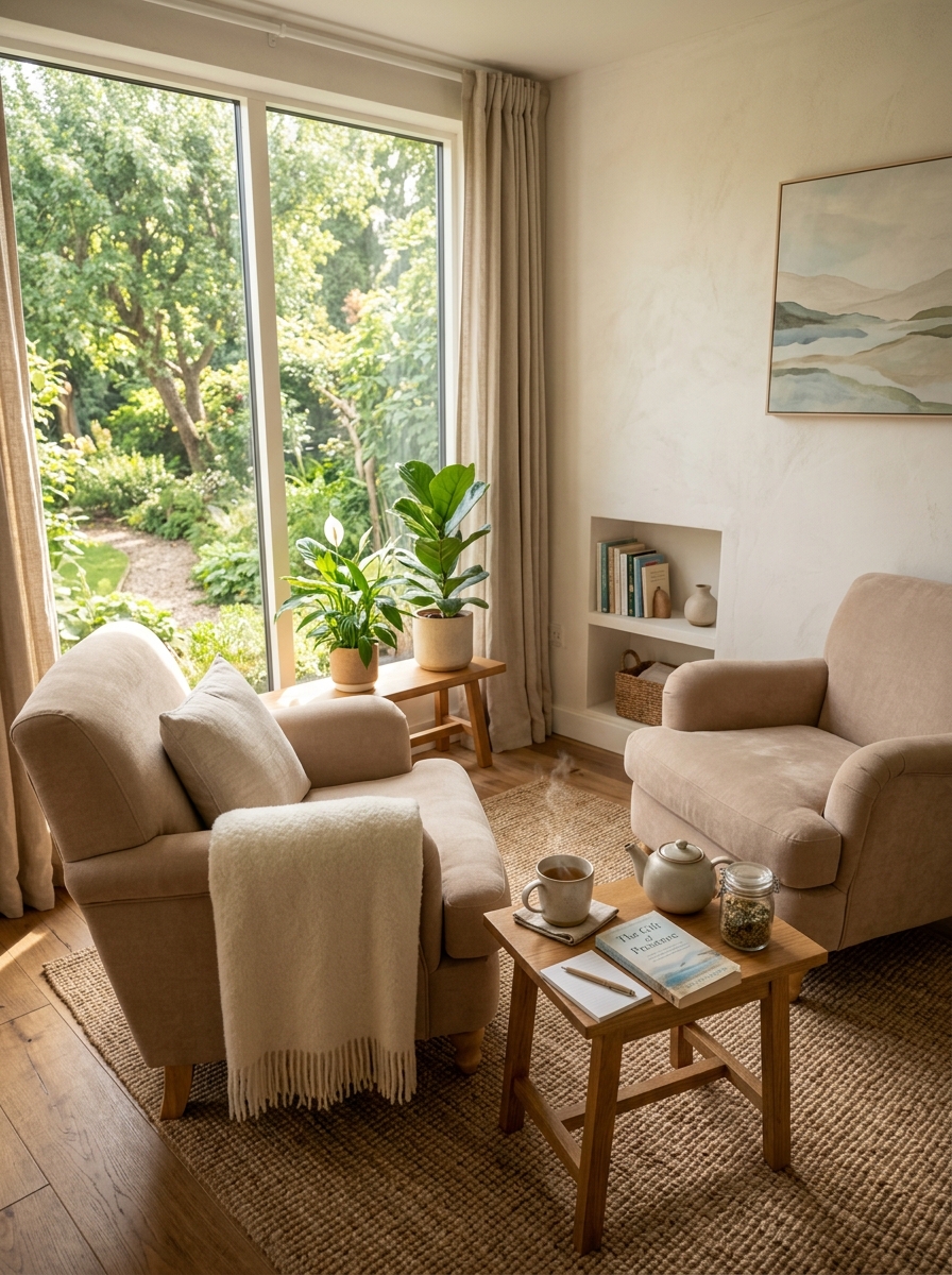 Calming, warm and modern therapy room